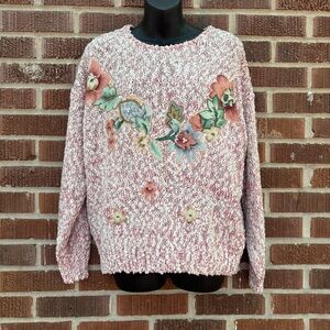 Vintage Penbrooke Lane Sweater Women Sz L Aqua White Slub Knit Floral Appliqué